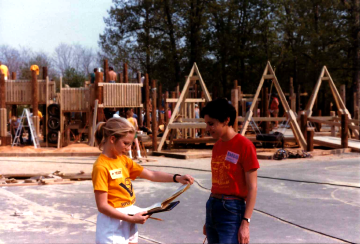 A photo documenting the construction of the Abingdon playground in 1985.